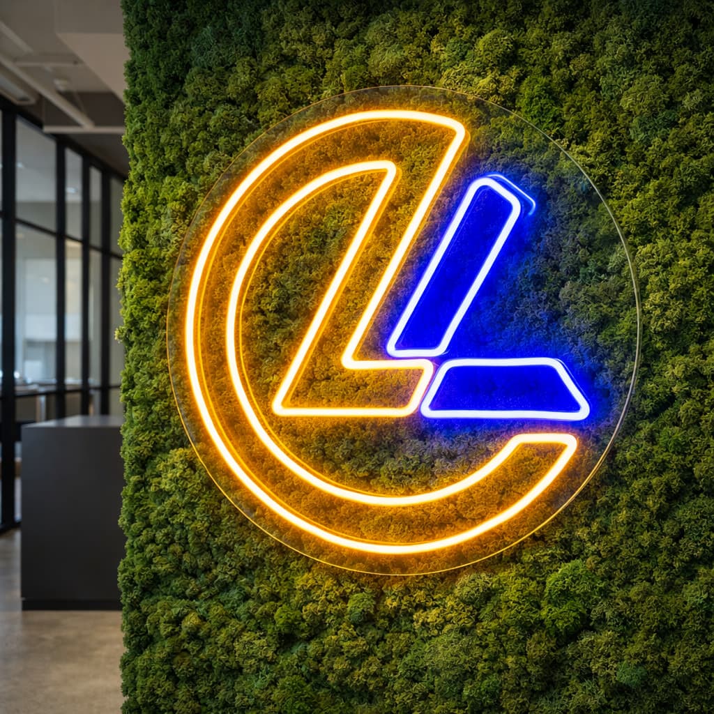 Maatwerk LED en neon logo op moswand in kantoorinterieur — Living Lumen