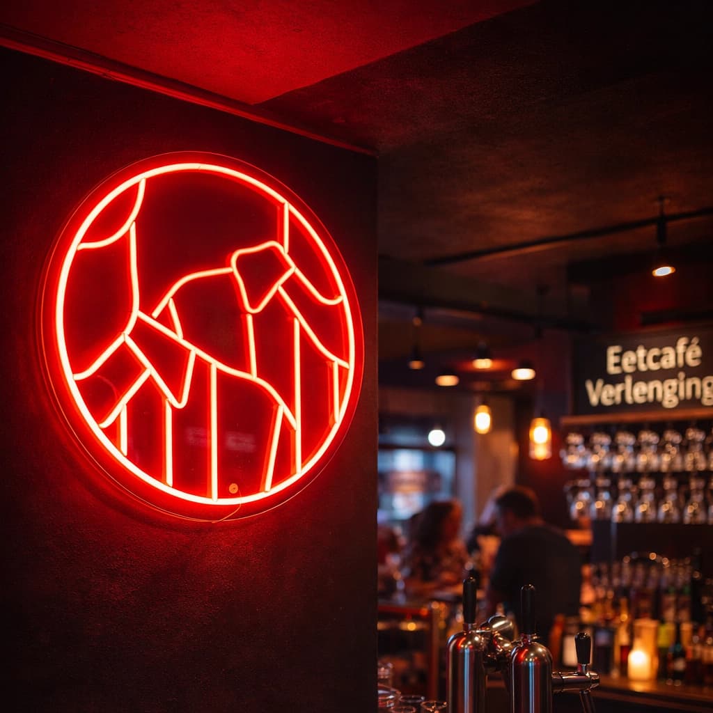 Rood neon logo in horeca interieur bij Eetcafé De Verlenging